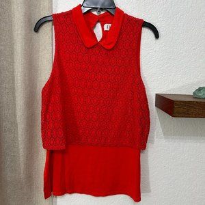 Elle - Sleeveless Peter Pan Collar Top - Orange/Red Size: M